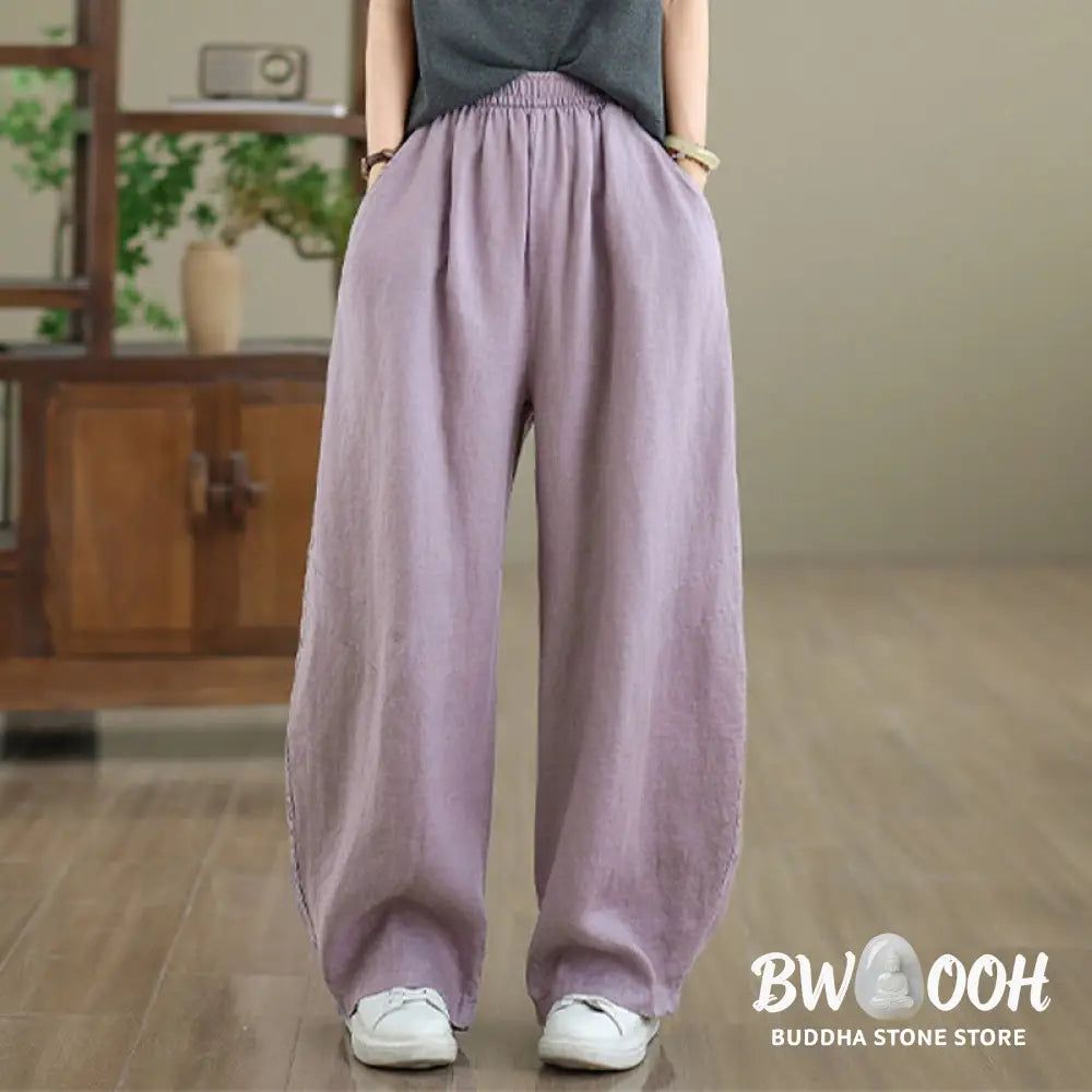Buddha Stones Casual Plain Cotton Women’s Wide Leg Pants With Pockets - Women’s Wide Leg Pants