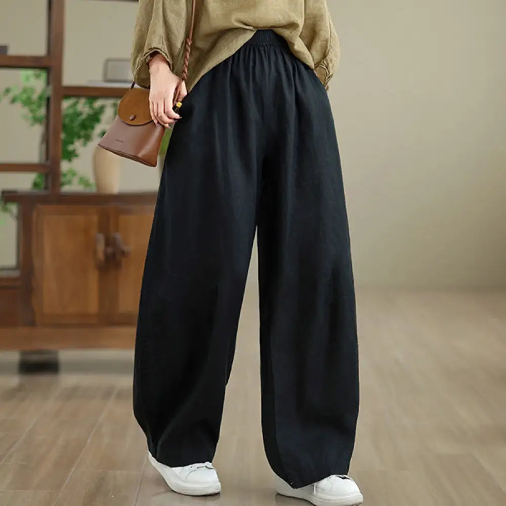 Buddha Stones Casual Plain Cotton Women’s Wide Leg Pants With Pockets - Black / US4，UK/AU8，EU36 (L) - Women’s Wide Leg