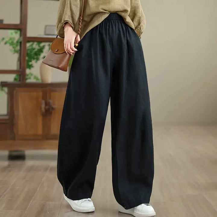 Buddha Stones Casual Plain Cotton Women’s Wide Leg Pants With Pockets - Black / US4，UK/AU8，EU36 (L) - Women’s Wide Leg