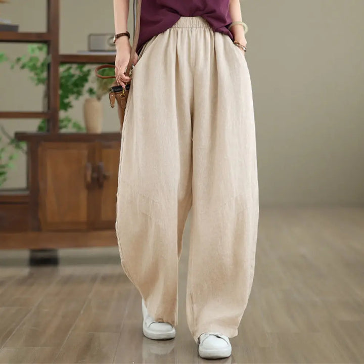 Buddha Stones Casual Plain Cotton Women’s Wide Leg Pants With Pockets - PapayaWhip / US4，UK/AU8，EU36 (L) - Women’s Wide
