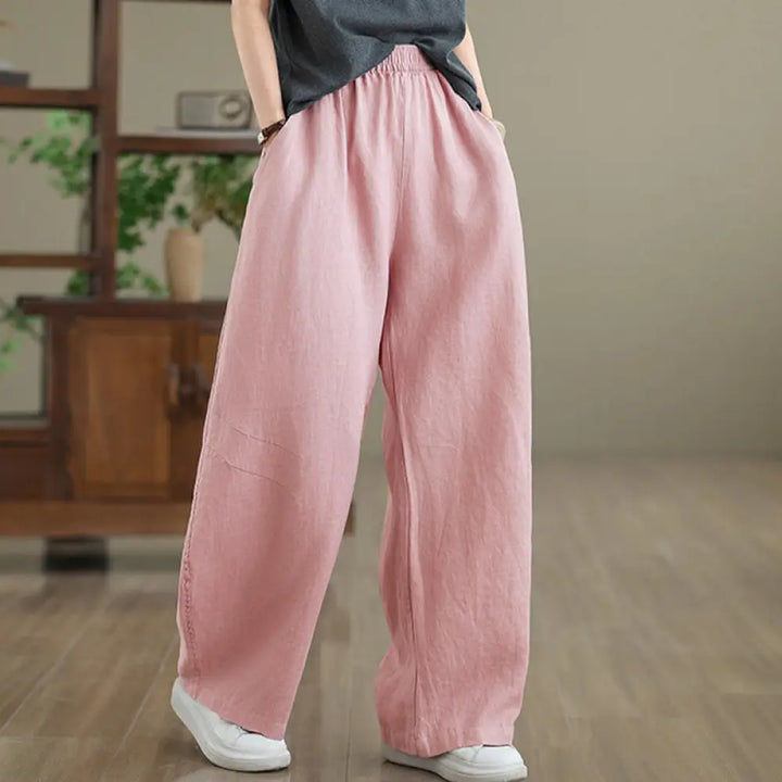 Buddha Stones Casual Plain Cotton Women’s Wide Leg Pants With Pockets - Pink / US4，UK/AU8，EU36 (L) - Women’s Wide Leg