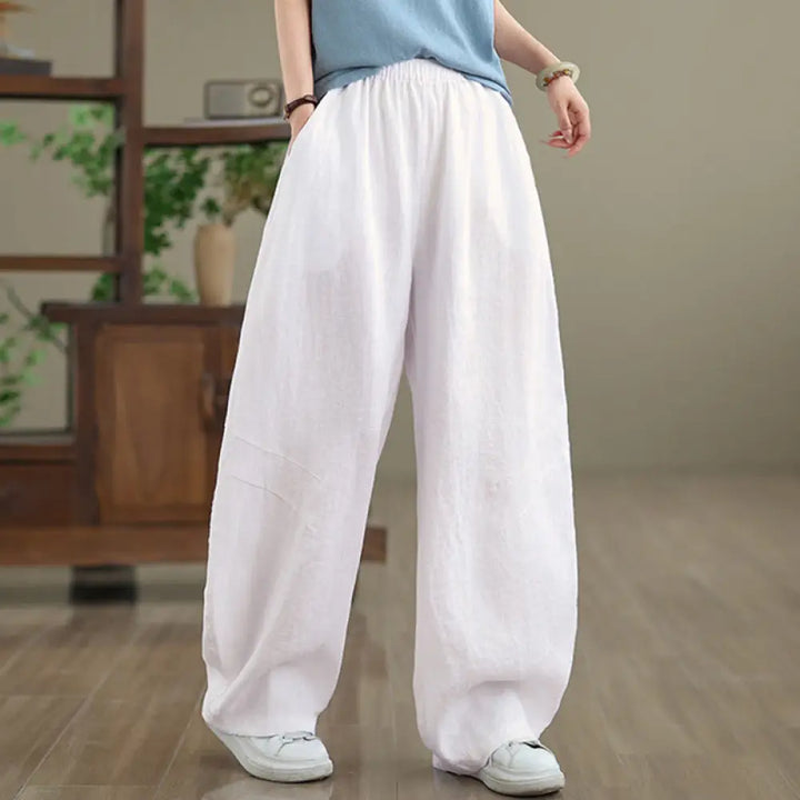 Buddha Stones Casual Plain Cotton Women’s Wide Leg Pants With Pockets - White / US4，UK/AU8，EU36 (L) - Women’s Wide Leg