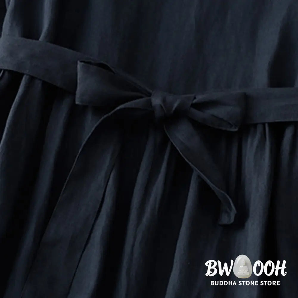 Buddha Stones Casual Plain Crew Neck Lace-up Half Sleeve Cotton Linen Midi Dress With Pockets - Midi Dress