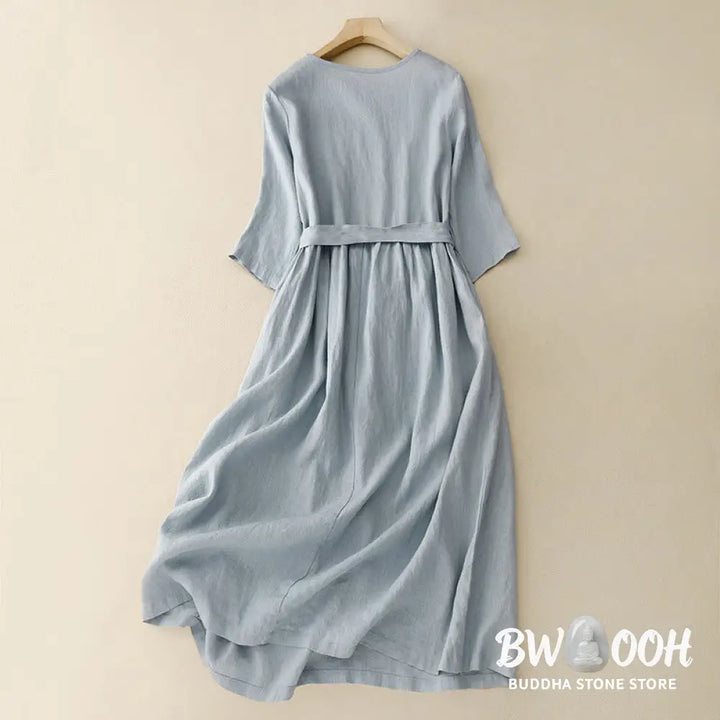 Buddha Stones Casual Plain Crew Neck Lace-up Half Sleeve Cotton Linen Midi Dress With Pockets - Midi Dress