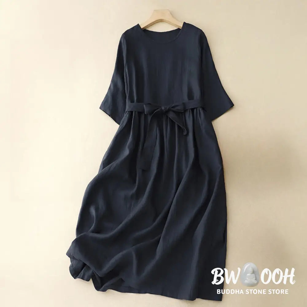 Buddha Stones Casual Plain Crew Neck Lace-up Half Sleeve Cotton Linen Midi Dress With Pockets - Midi Dress