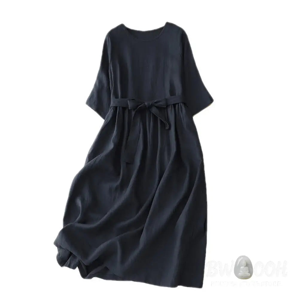 Buddha Stones Casual Plain Crew Neck Lace-up Half Sleeve Cotton Linen Midi Dress With Pockets - Midi Dress