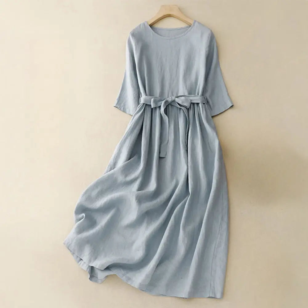 Buddha Stones Casual Plain Crew Neck Lace-up Half Sleeve Cotton Linen Midi Dress With Pockets - SkyBlue