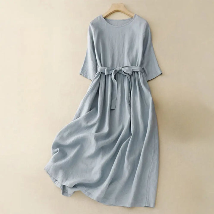Buddha Stones Casual Plain Crew Neck Lace-up Half Sleeve Cotton Linen Midi Dress With Pockets - SkyBlue