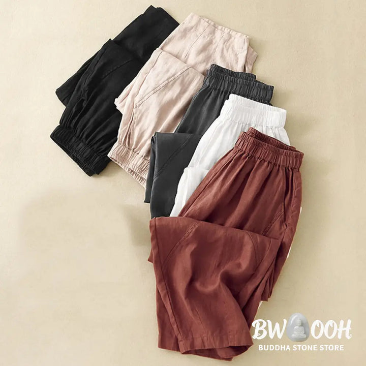 Buddha Stones Casual Plain Cropped Pants Women’s Cotton Linen Harem Pants With Pockets - Women’s Harem Pants