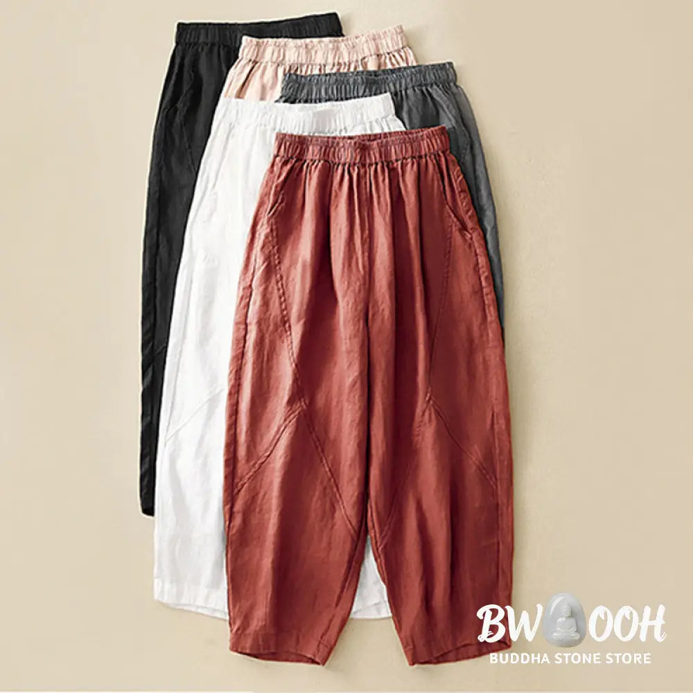 Buddha Stones Casual Plain Cropped Pants Women’s Cotton Linen Harem Pants With Pockets - Women’s Harem Pants