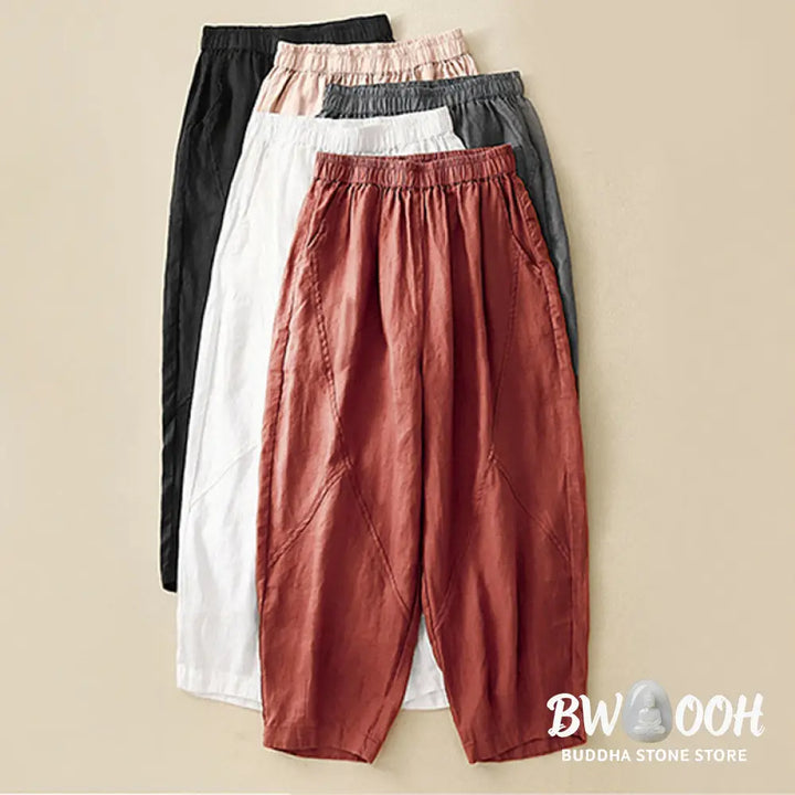 Buddha Stones Casual Plain Cropped Pants Women’s Cotton Linen Harem Pants With Pockets - Women’s Harem Pants