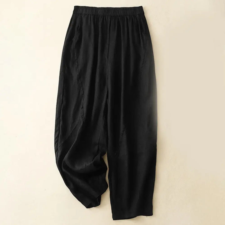 Buddha Stones Casual Plain Cropped Pants Women’s Cotton Linen Harem Pants With Pockets - Black / US4，UK/AU8，EU36 (L)