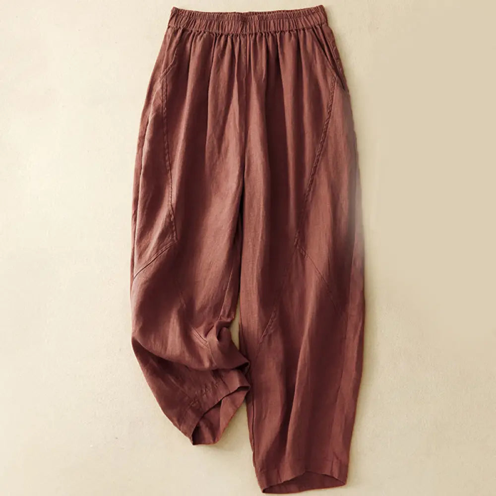 Buddha Stones Casual Plain Cropped Pants Women’s Cotton Linen Harem Pants With Pockets - Maroon / US4，UK/AU8，EU36 (L)