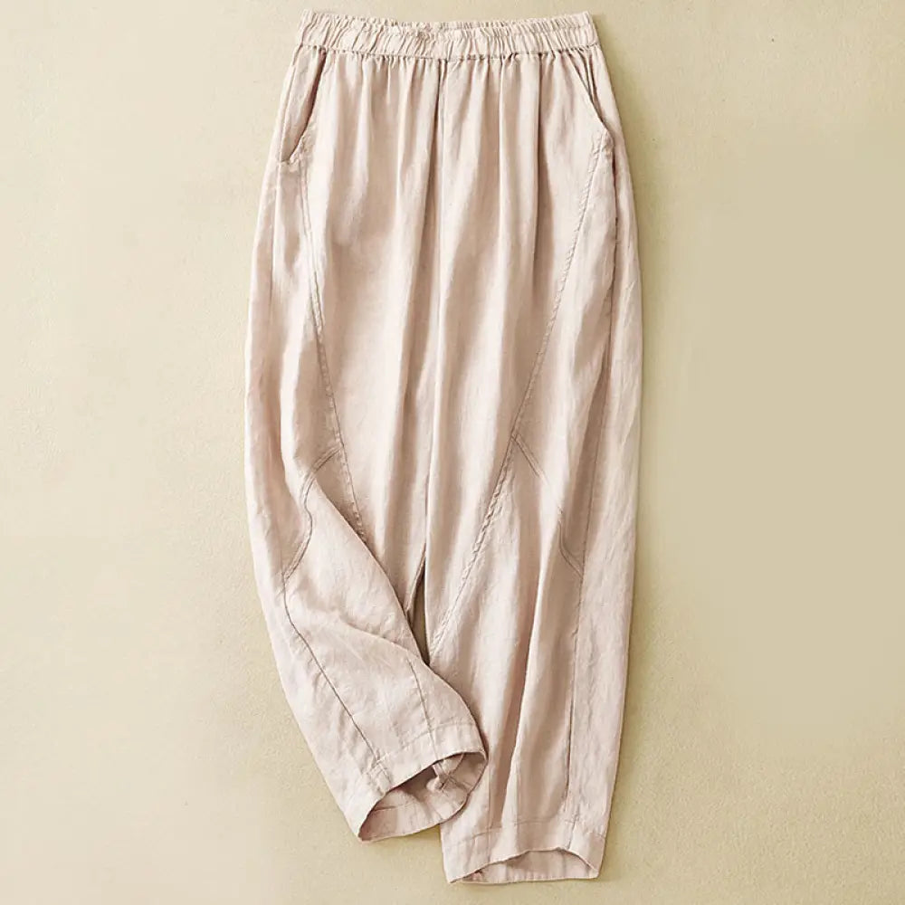 Buddha Stones Casual Plain Cropped Pants Women’s Cotton Linen Harem Pants With Pockets - PeachPuff / US4，UK/AU8，EU36