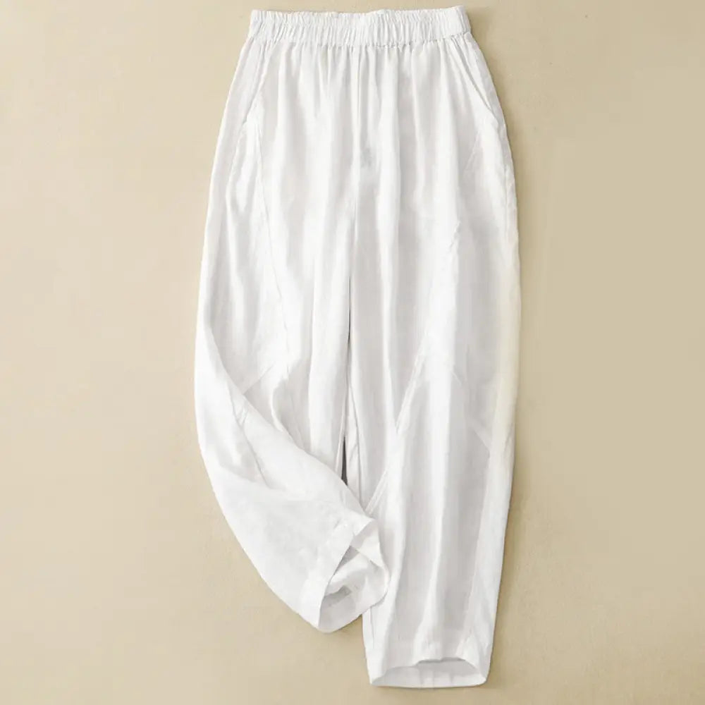 Buddha Stones Casual Plain Cropped Pants Women’s Cotton Linen Harem Pants With Pockets - White / US4，UK/AU8，EU36 (L)