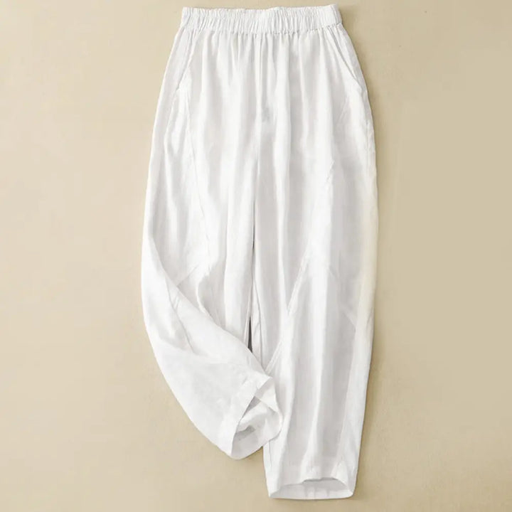 Buddha Stones Casual Plain Cropped Pants Women’s Cotton Linen Harem Pants With Pockets - White / US4，UK/AU8，EU36 (L)