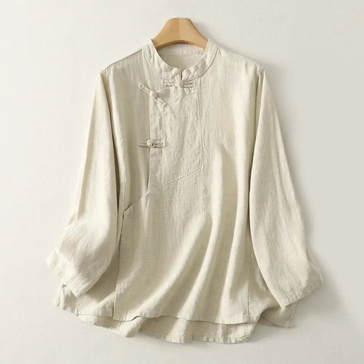 Buddha Stones Casual Plain Frog-buttons Cotton Women’s Long Sleeve Shirt - Beige / US4，UK/AU8，EU36 (L) - Women’s Shirts
