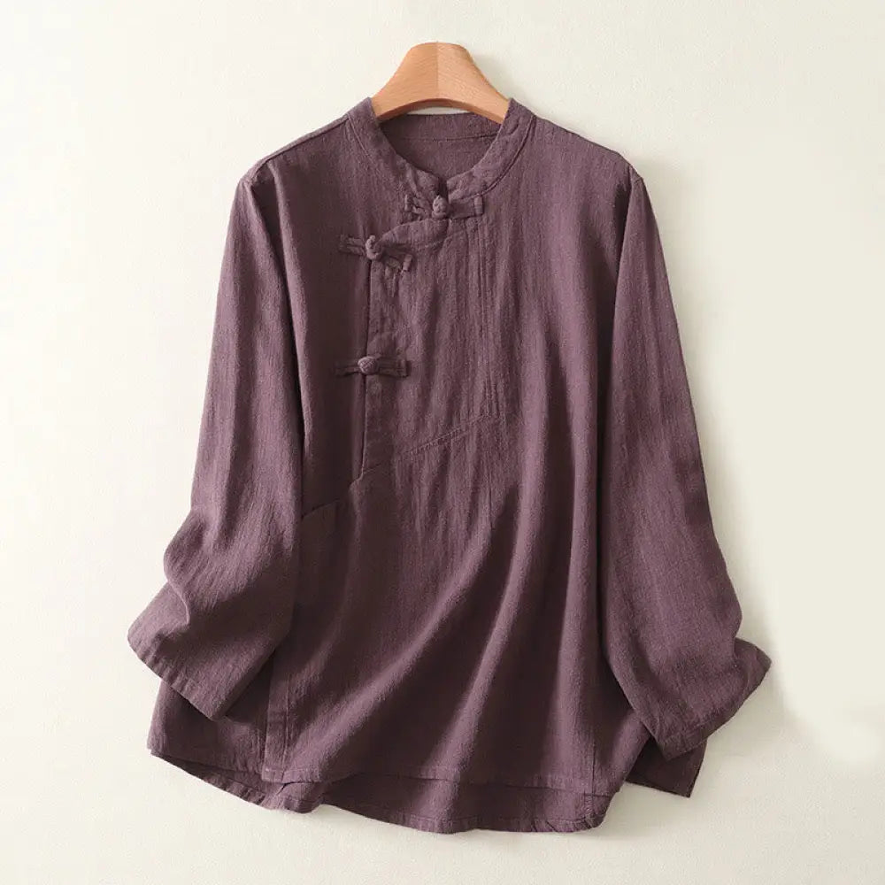 Buddha Stones Casual Plain Frog-buttons Cotton Women’s Long Sleeve Shirt - Purple / US4，UK/AU8，EU36 (L) - Women’s Shirts