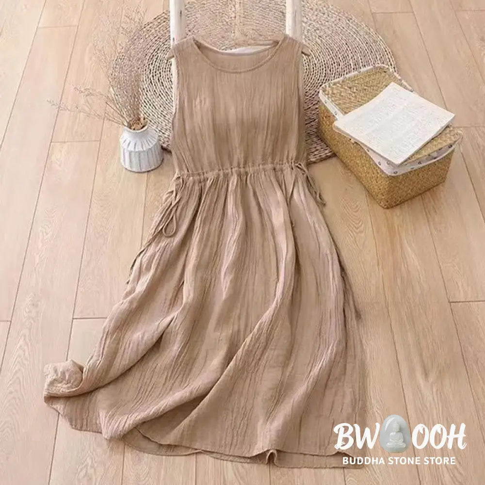 Buddha Stones Casual Plain Handmade Drawstring Waist Midi Dress Acrylic Sleeveless Dress With Pockets - Midi Dress