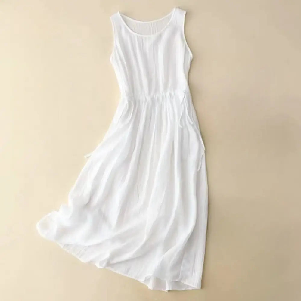 Buddha Stones Casual Plain Handmade Drawstring Waist Midi Dress Acrylic Sleeveless Dress With Pockets - White