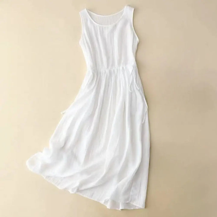 Buddha Stones Casual Plain Handmade Drawstring Waist Midi Dress Acrylic Sleeveless Dress With Pockets - White