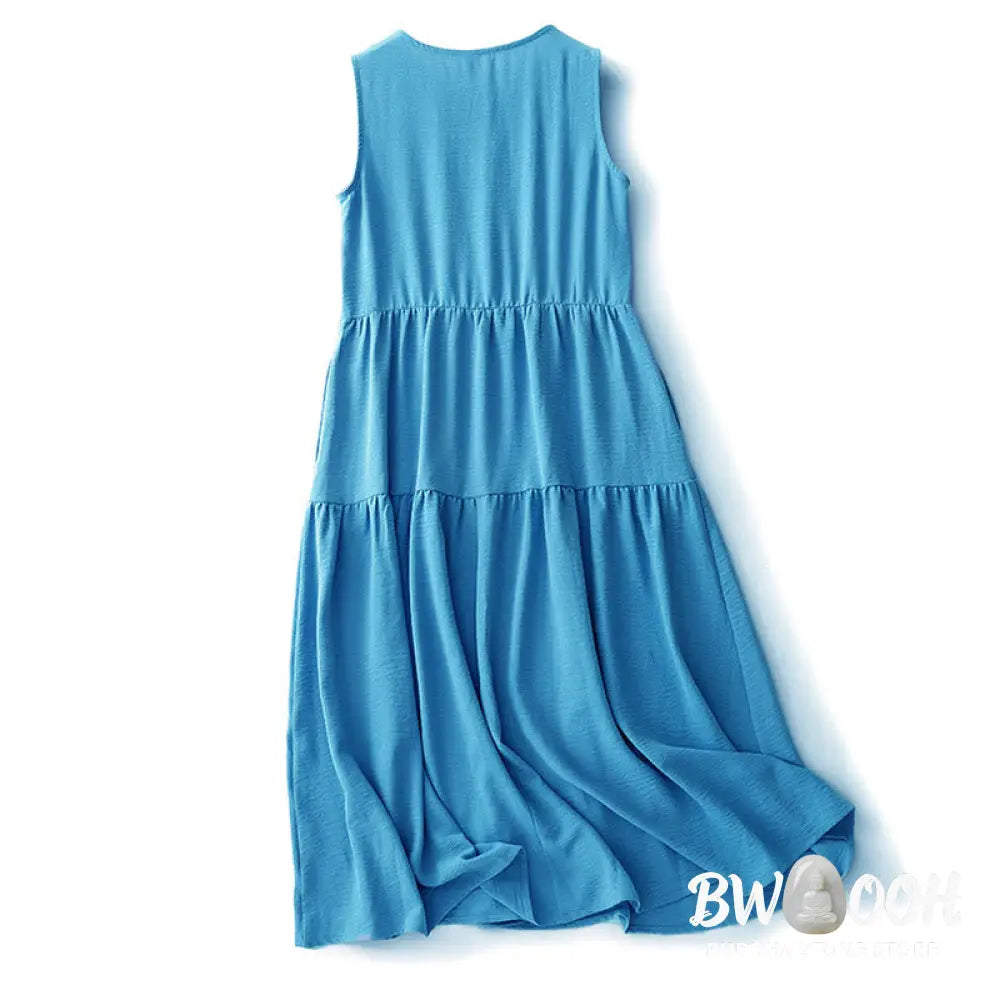 Buddha Stones Casual Plain Handmade Lace-up Midi Dress Cotton Linen Sleeveless Dress With Pockets - Midi Dress