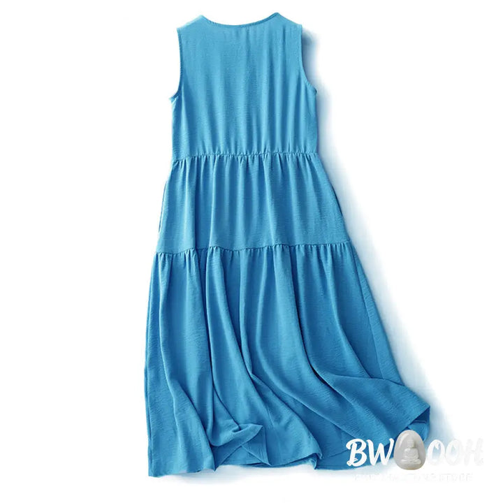 Buddha Stones Casual Plain Handmade Lace-up Midi Dress Cotton Linen Sleeveless Dress With Pockets - Midi Dress
