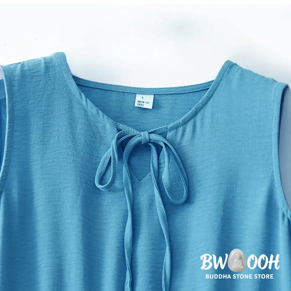 Buddha Stones Casual Plain Handmade Lace-up Midi Dress Cotton Linen Sleeveless Dress With Pockets - Midi Dress