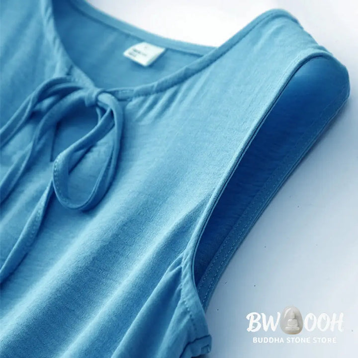 Buddha Stones Casual Plain Handmade Lace-up Midi Dress Cotton Linen Sleeveless Dress With Pockets - Midi Dress