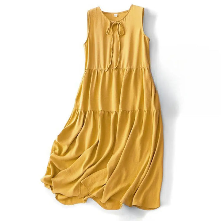 Buddha Stones Casual Plain Handmade Lace-up Midi Dress Cotton Linen Sleeveless Dress With Pockets - Goldenrod
