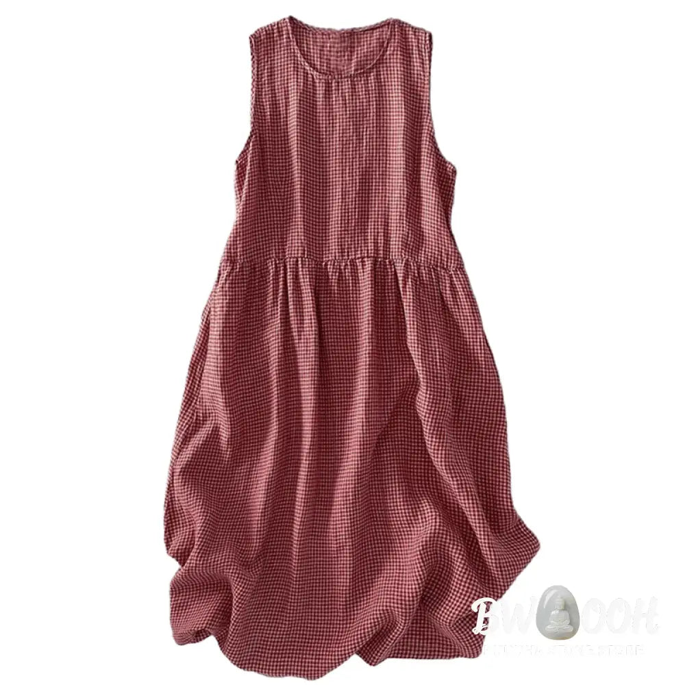 Buddha Stones Casual Plain Handmade Plaid Midi Dress Cotton Sleeveless Dress With Pockets - Midi Dress