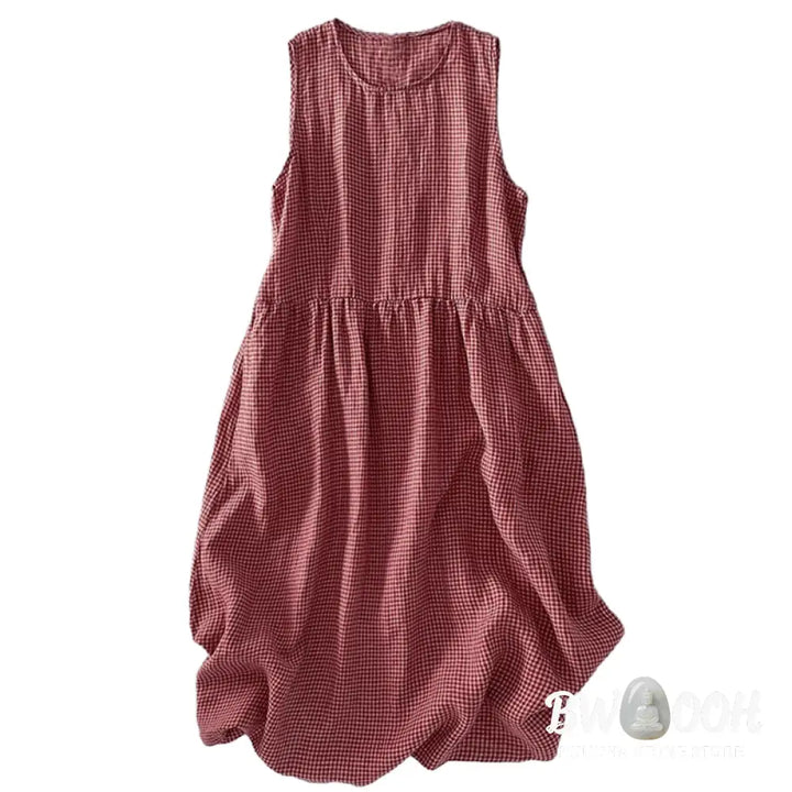 Buddha Stones Casual Plain Handmade Plaid Midi Dress Cotton Sleeveless Dress With Pockets - Midi Dress