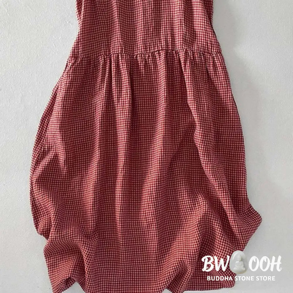 Buddha Stones Casual Plain Handmade Plaid Midi Dress Cotton Sleeveless Dress With Pockets - Midi Dress
