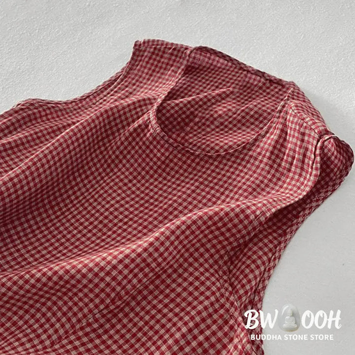 Buddha Stones Casual Plain Handmade Plaid Midi Dress Cotton Sleeveless Dress With Pockets - Midi Dress