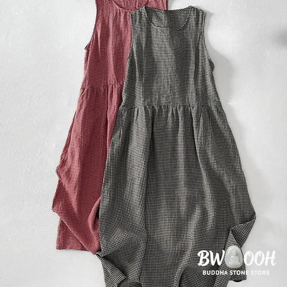 Buddha Stones Casual Plain Handmade Plaid Midi Dress Cotton Sleeveless Dress With Pockets - Midi Dress