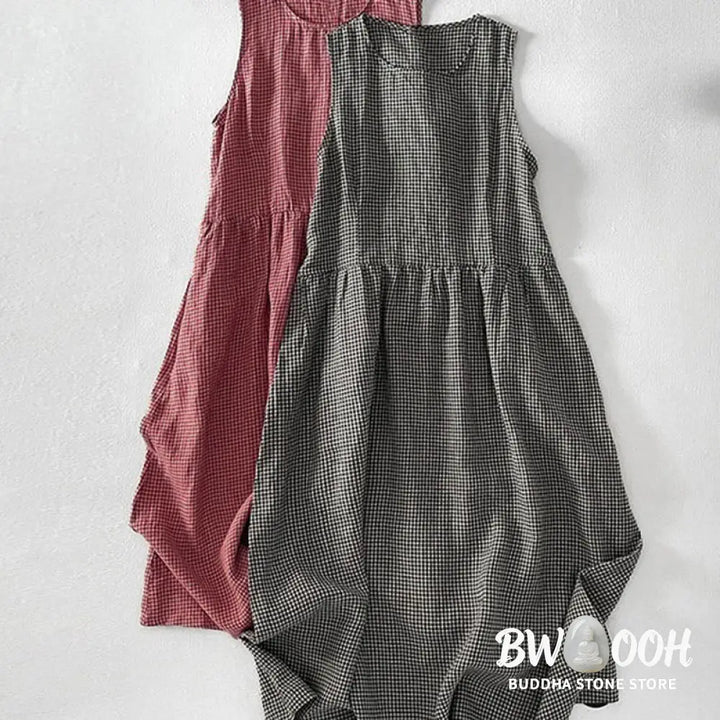 Buddha Stones Casual Plain Handmade Plaid Midi Dress Cotton Sleeveless Dress With Pockets - Midi Dress