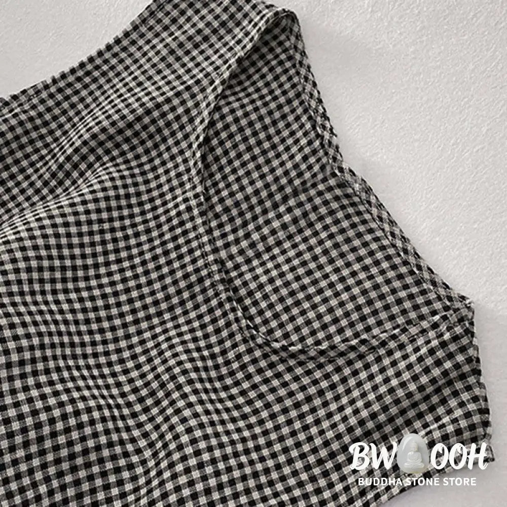 Buddha Stones Casual Plain Handmade Plaid Midi Dress Cotton Sleeveless Dress With Pockets - Midi Dress