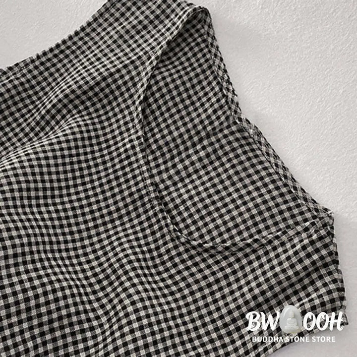 Buddha Stones Casual Plain Handmade Plaid Midi Dress Cotton Sleeveless Dress With Pockets - Midi Dress