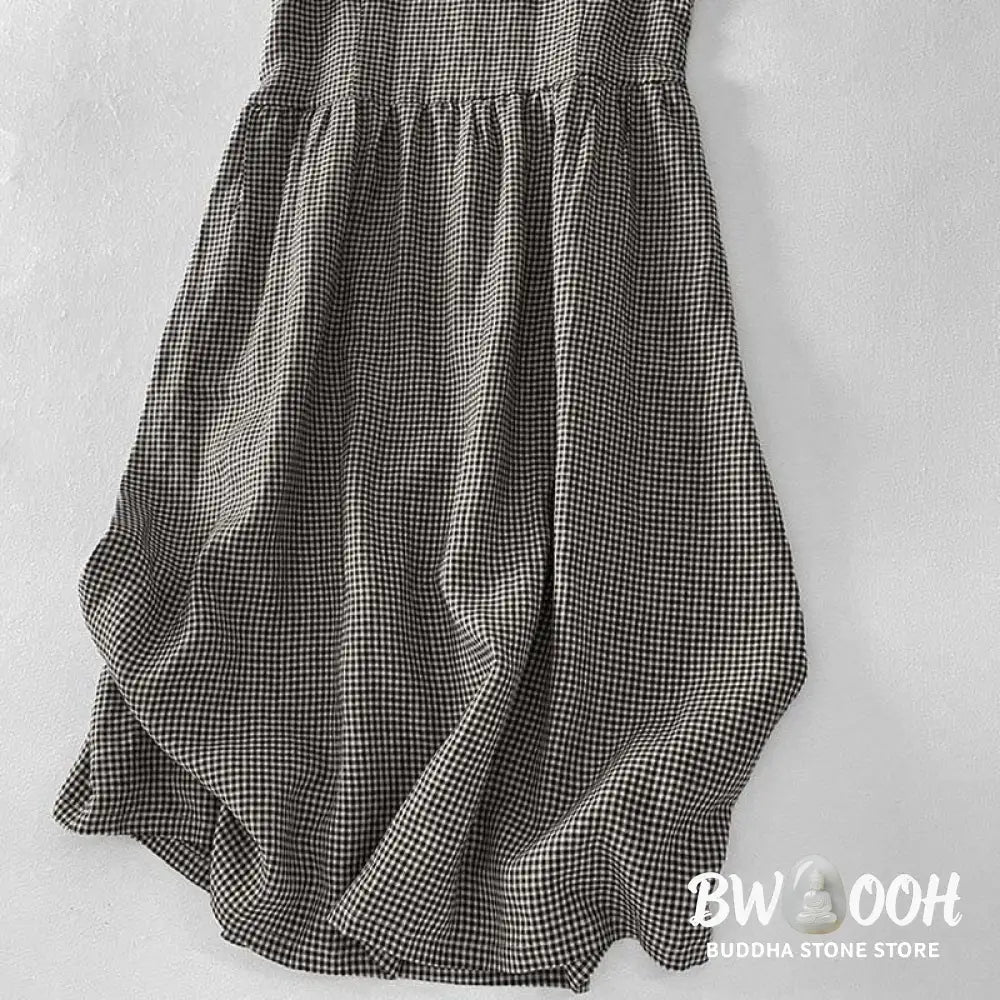 Buddha Stones Casual Plain Handmade Plaid Midi Dress Cotton Sleeveless Dress With Pockets - Midi Dress