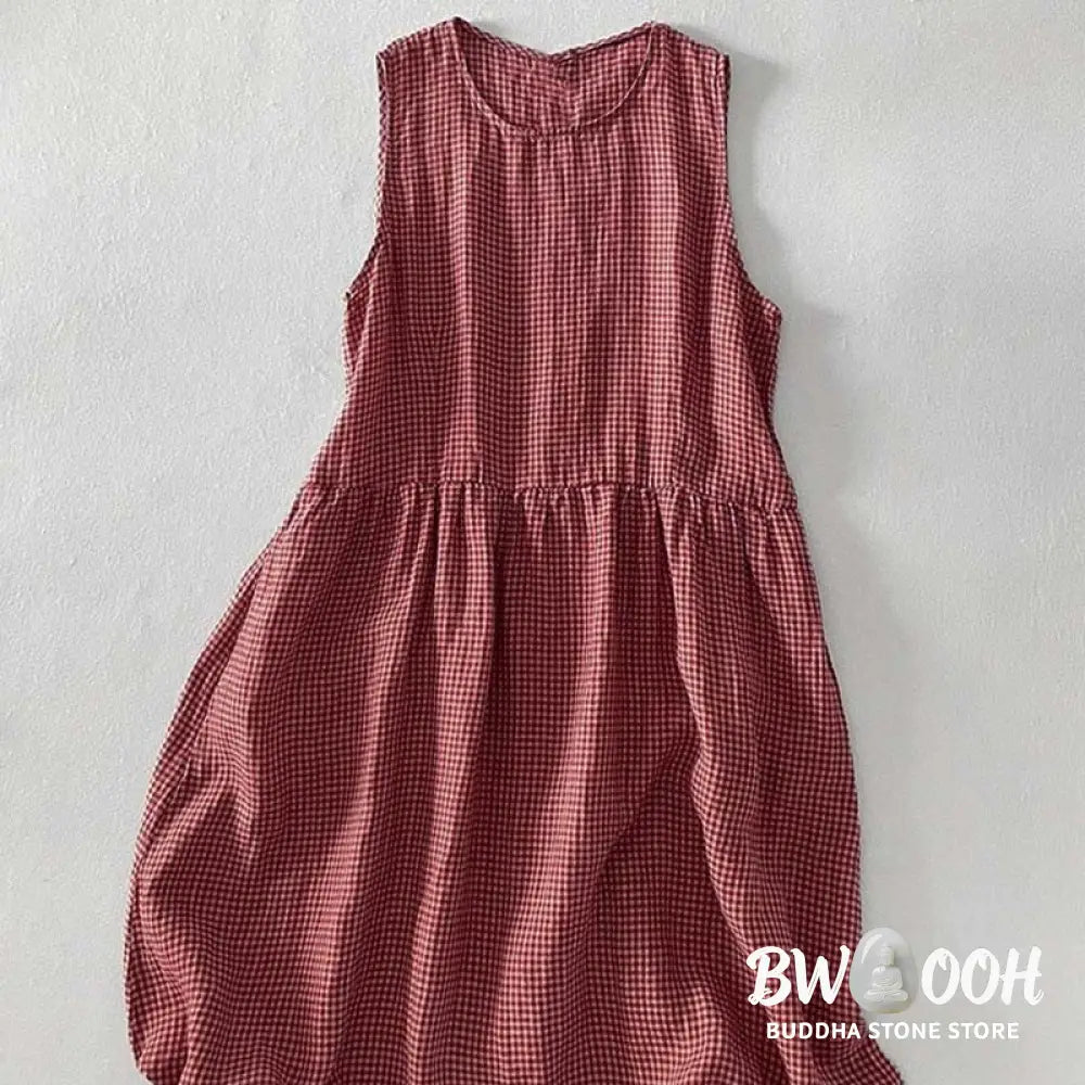Buddha Stones Casual Plain Handmade Plaid Midi Dress Cotton Sleeveless Dress With Pockets - Midi Dress