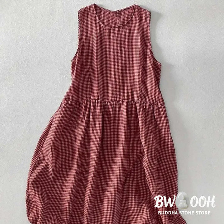 Buddha Stones Casual Plain Handmade Plaid Midi Dress Cotton Sleeveless Dress With Pockets - Midi Dress