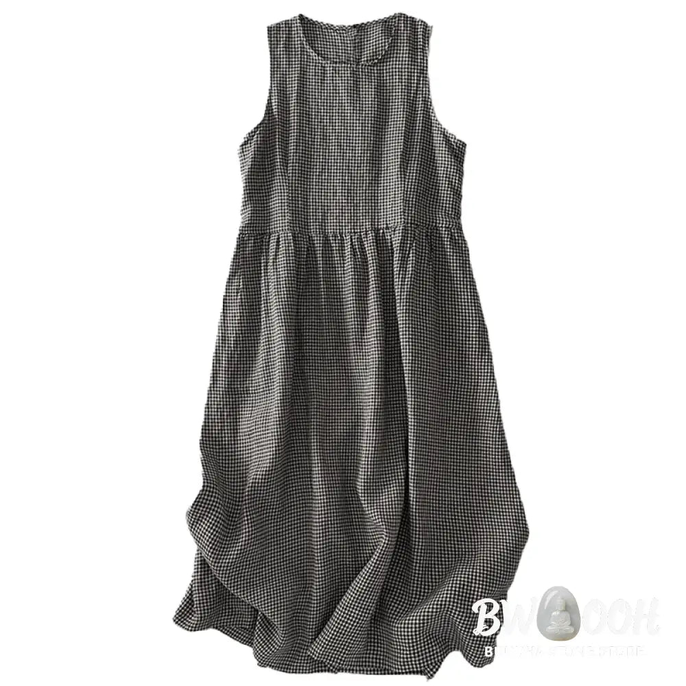 Buddha Stones Casual Plain Handmade Plaid Midi Dress Cotton Sleeveless Dress With Pockets - Midi Dress
