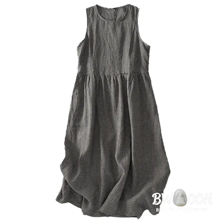 Buddha Stones Casual Plain Handmade Plaid Midi Dress Cotton Sleeveless Dress With Pockets - Midi Dress