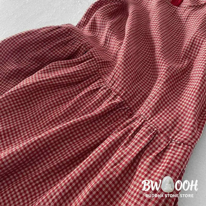 Buddha Stones Casual Plain Handmade Plaid Midi Dress Cotton Sleeveless Dress With Pockets - Midi Dress