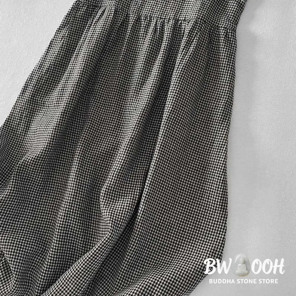 Buddha Stones Casual Plain Handmade Plaid Midi Dress Cotton Sleeveless Dress With Pockets - Midi Dress