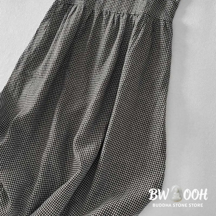 Buddha Stones Casual Plain Handmade Plaid Midi Dress Cotton Sleeveless Dress With Pockets - Midi Dress