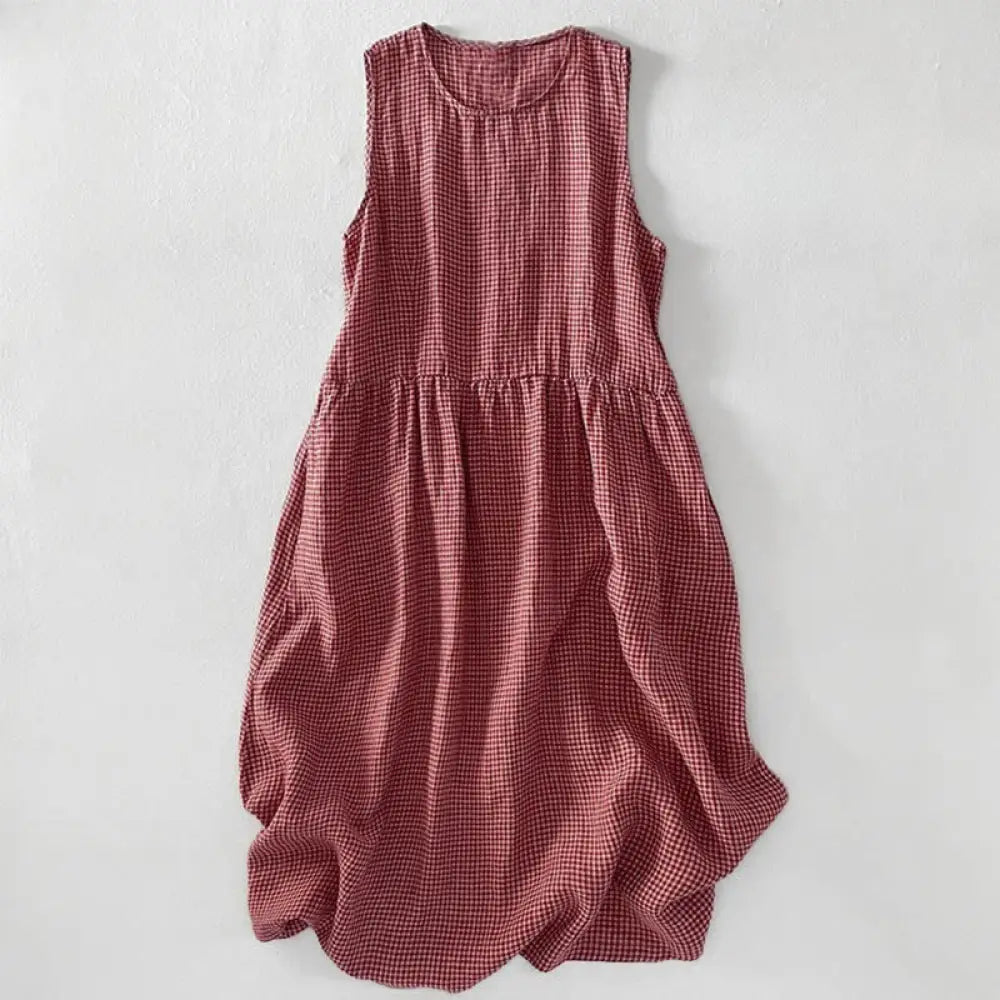 BWOOOH Casual Plain Handmade Plaid Midi Dress Cotton Slee