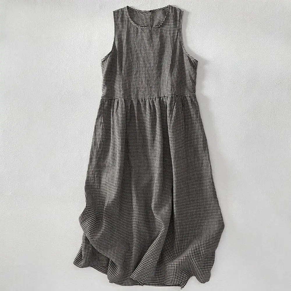 Buddha Stones Casual Plain Handmade Plaid Midi Dress Cotton Sleeveless Dress With Pockets - DimGray / US4，UK/AU8，EU36