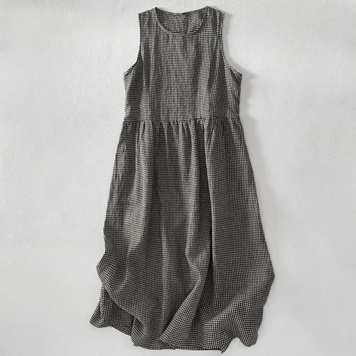 Buddha Stones Casual Plain Handmade Plaid Midi Dress Cotton Sleeveless Dress With Pockets - DimGray / US4，UK/AU8，EU36