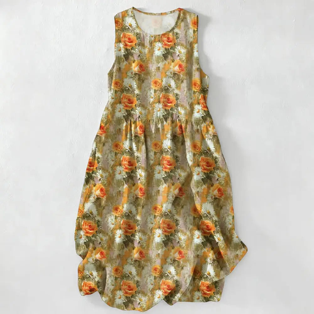 Buddha Stones Casual Plain Handmade Plaid Midi Dress Cotton Sleeveless Dress With Pockets - YellowGreen